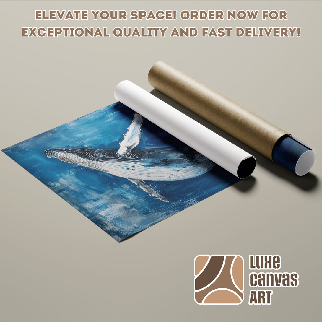 Whale art Poster Roll in blue & white, perfect for your space. Elevate your decor with Luxe Canvas Art! Order now!