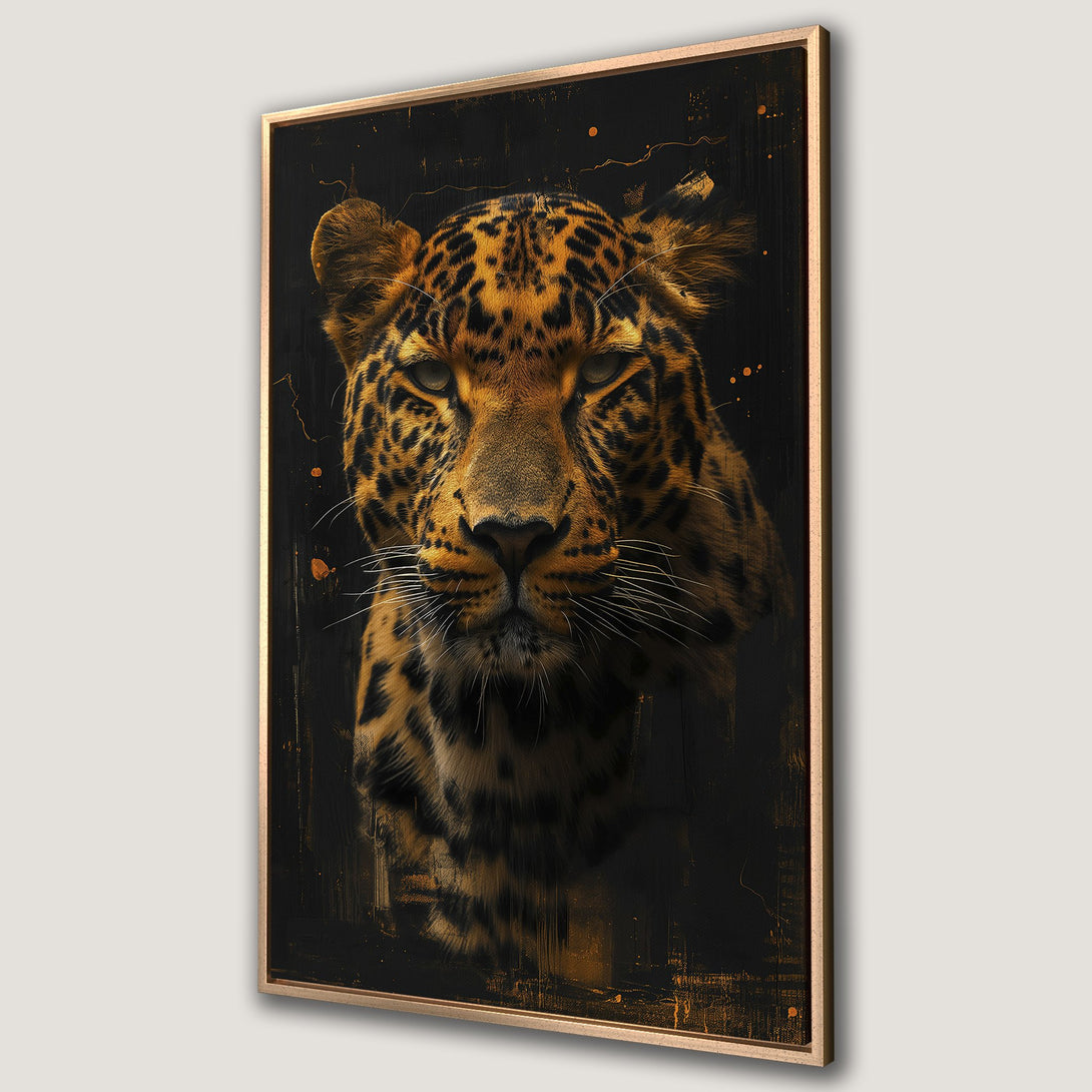 Framed Wall Art: Stunning leopard portrait in a bold, abstract style. Features a black and gold color palette, perfect for adding a touch of luxury to your space.