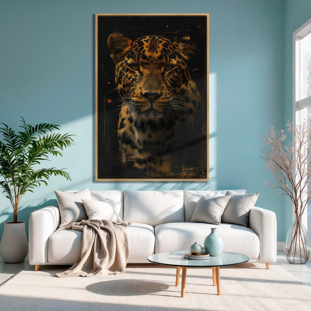 Framed Wall Art: Majestic leopard portrait in warm orange and black tones. Modern canvas print adds a bold statement to any interior. Shop now!