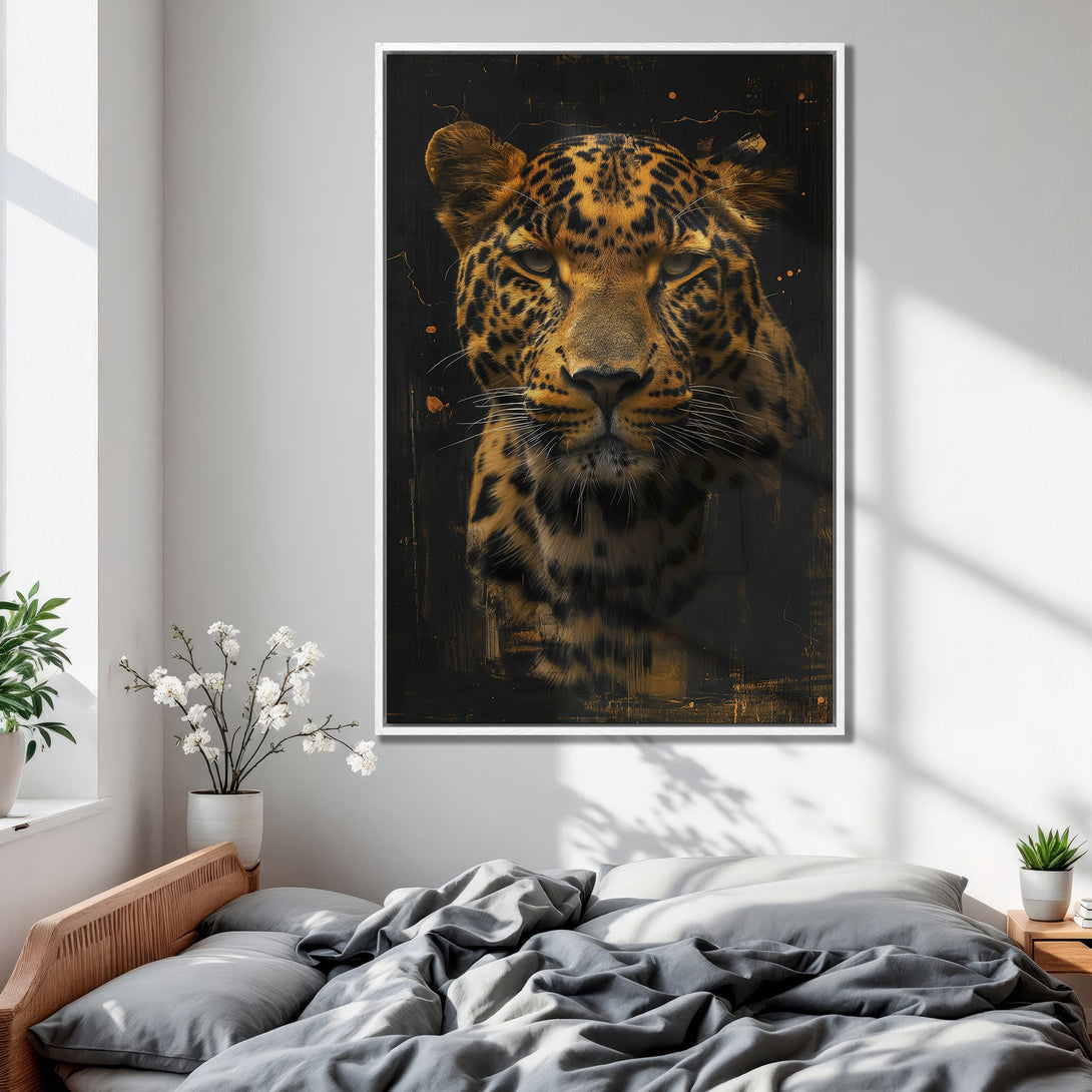 Framed Wall Art featuring a majestic leopard portrait in a modern, abstract style. Warm orange and black color palette, perfect for any room.