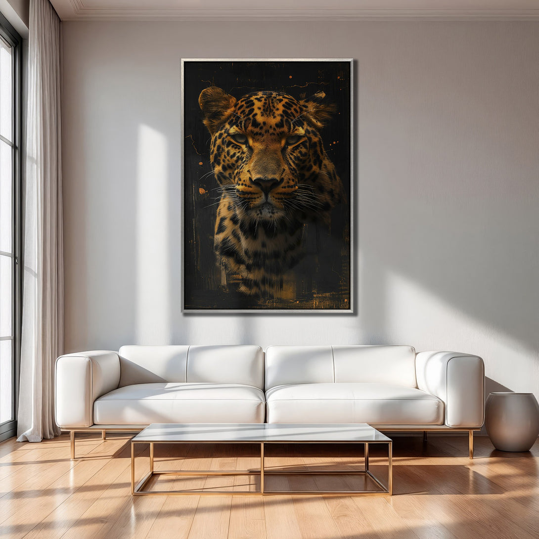Framed Wall Art: Majestic leopard portrait in warm orange and black tones. Modern canvas print adds a touch of wild elegance to any living space.