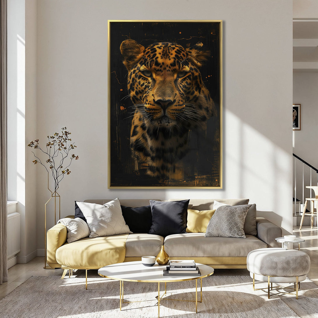 Canvas Print of a majestic leopard in a dark, artistic style. Warm orange & black color palette, perfect for home decor.