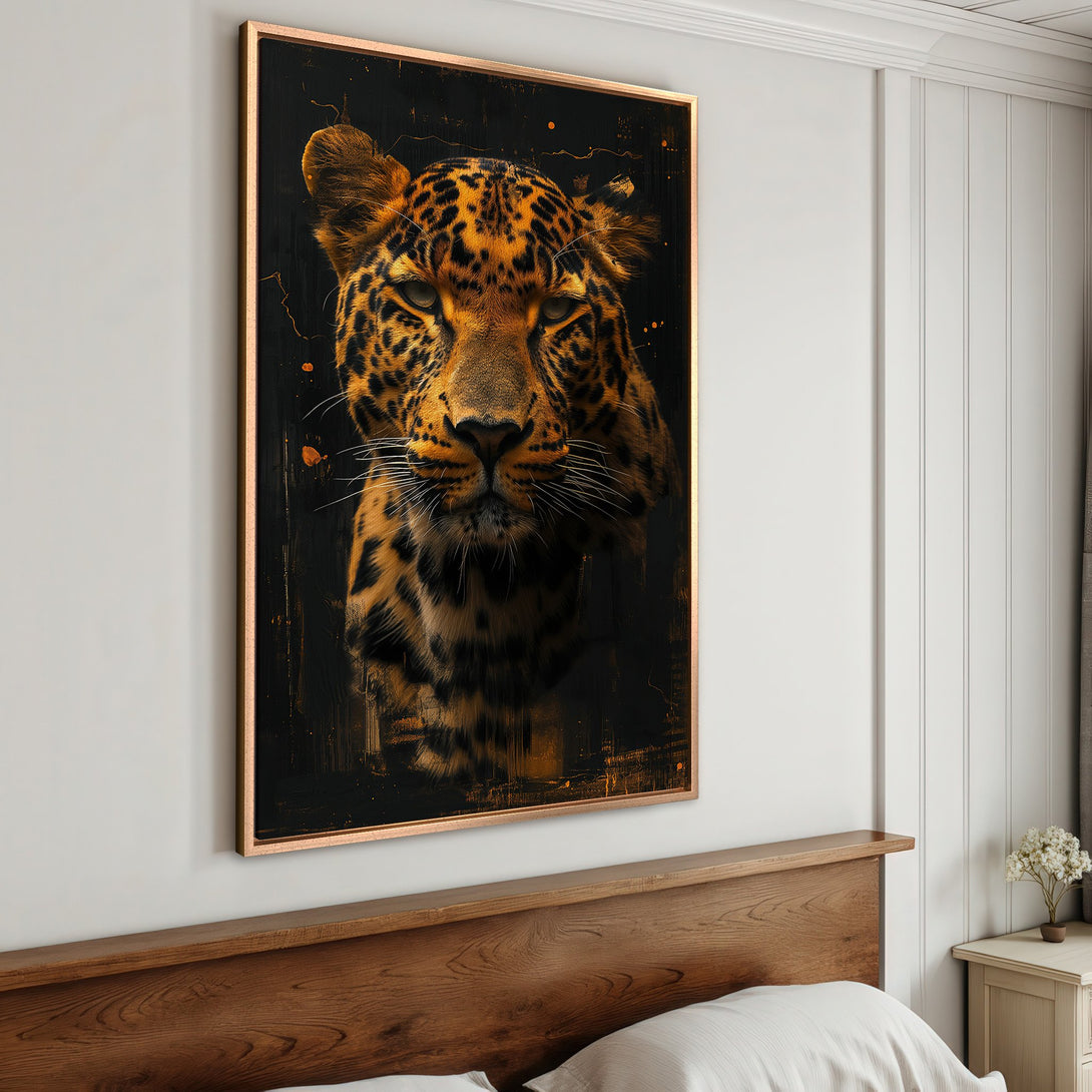 Framed Wall Art: Majestic leopard portrait in warm gold and black tones. Modern art canvas print adds a touch of wild elegance to any room.