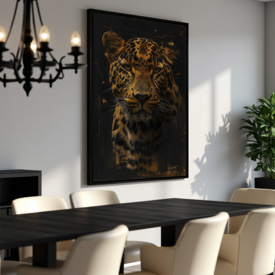 Framed Wall Art: Fierce leopard portrait in a modern style, showcasing a warm, earthy color palette. Elevate your space with this striking canvas print.