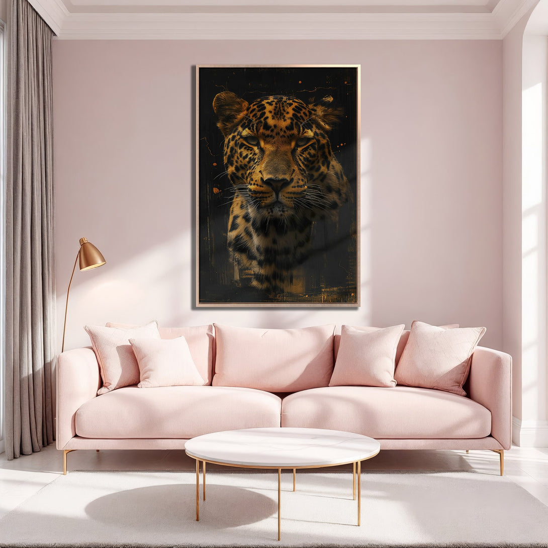 Framed Wall Art of a leopard in a modern style, featuring a black and gold color palette, displayed in a pink-toned interior.