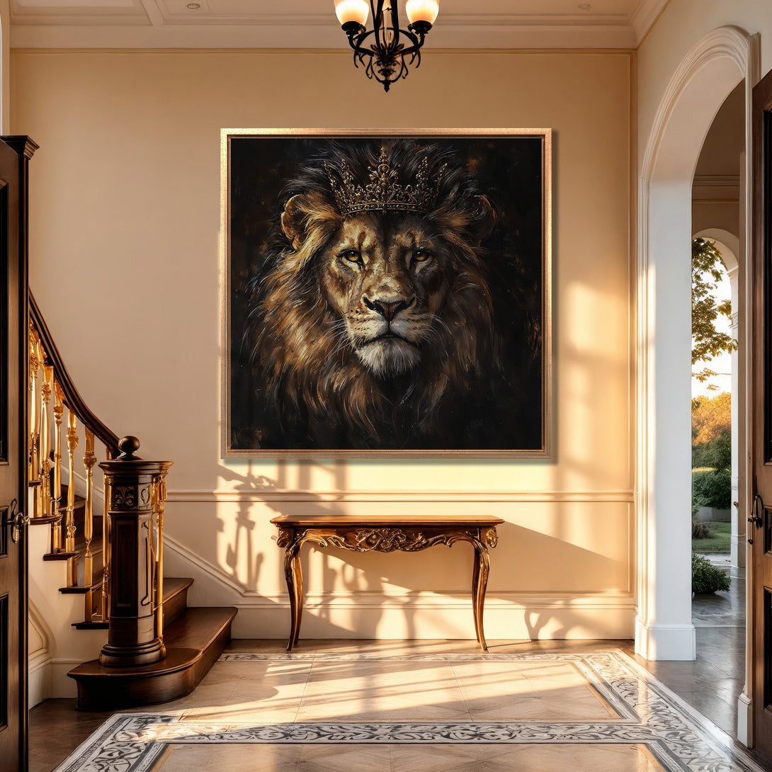 Framed Wall Art: Majestic lion canvas print in a luxurious interior. Warm, earthy tones and a regal, detailed style. Perfect for elegant home decor.