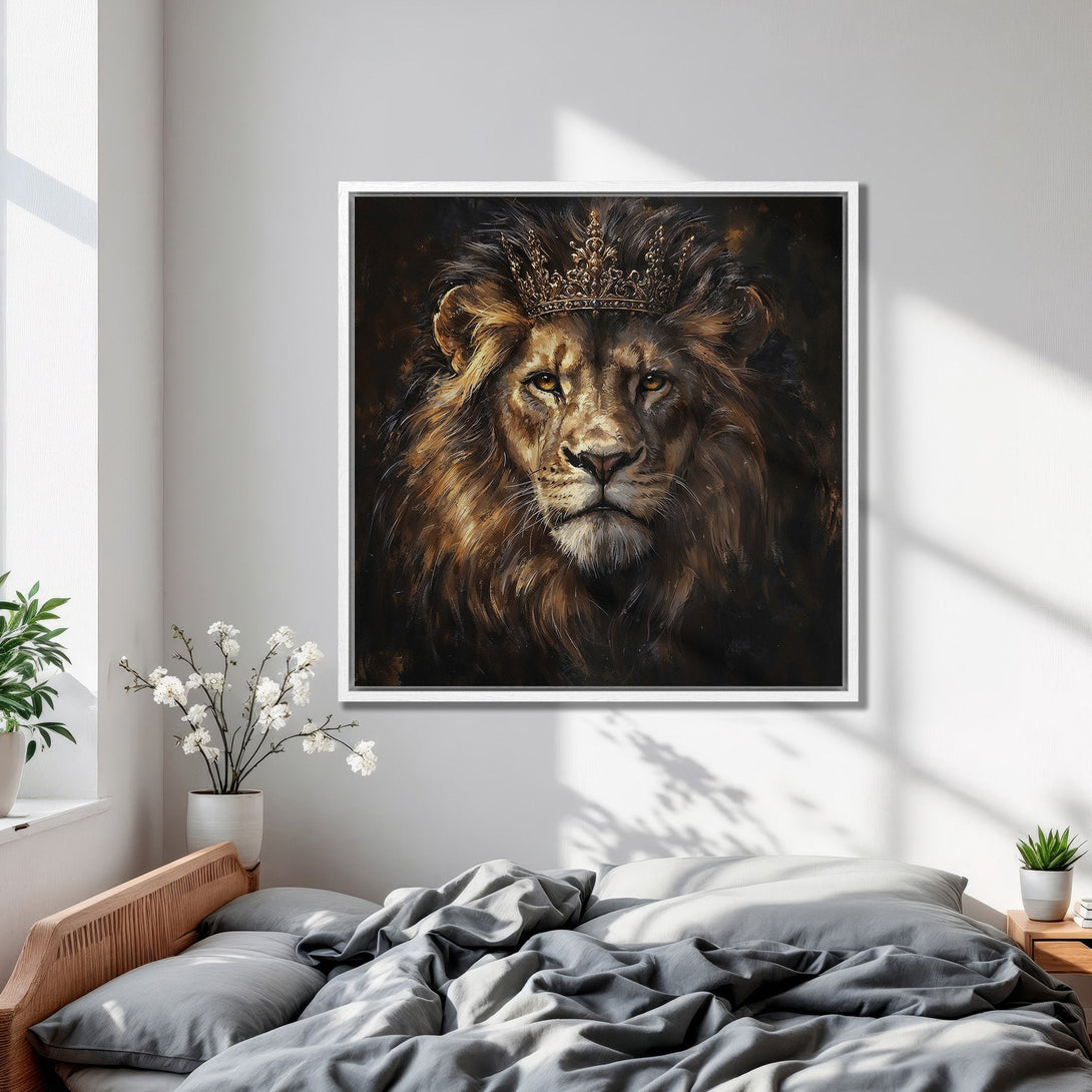 Framed Wall Art: Regal lion portrait in warm gold and brown tones. Perfect bedroom decor. Enhance your space with this majestic Canvas Print.