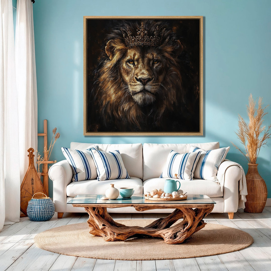 Framed Wall Art featuring a regal lion with a crown, displayed in a stylish living room. Warm, earthy tones and a touch of gold create a luxurious feel.