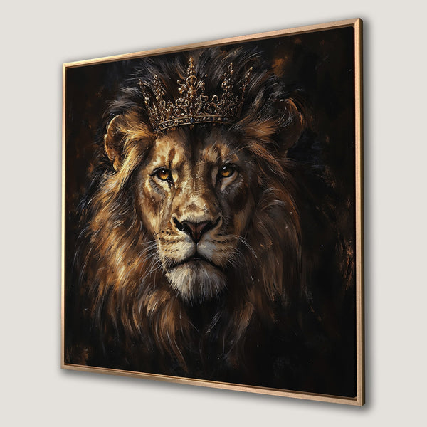 Framed Wall Art: Majestic lion portrait with a golden crown, showcasing a dramatic, warm-toned color palette. Perfect for adding a touch of royalty to your home decor.