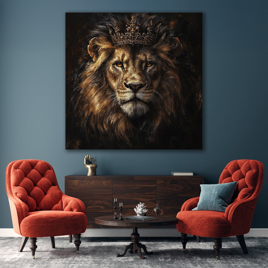 Framed Wall Art of a majestic lion with a crown. Dramatic, detailed portrait in warm brown and gold tones. Perfect for adding a touch of royalty to your home.