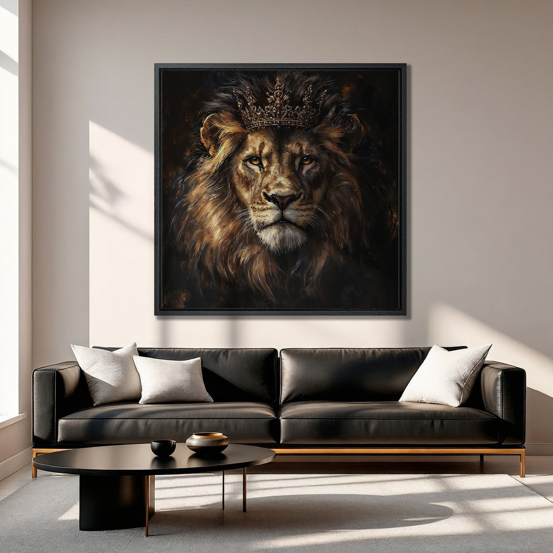 Framed Wall Art: Majestic lion portrait with crown, rich brown and gold tones. Elevate your space with this stunning canvas print!