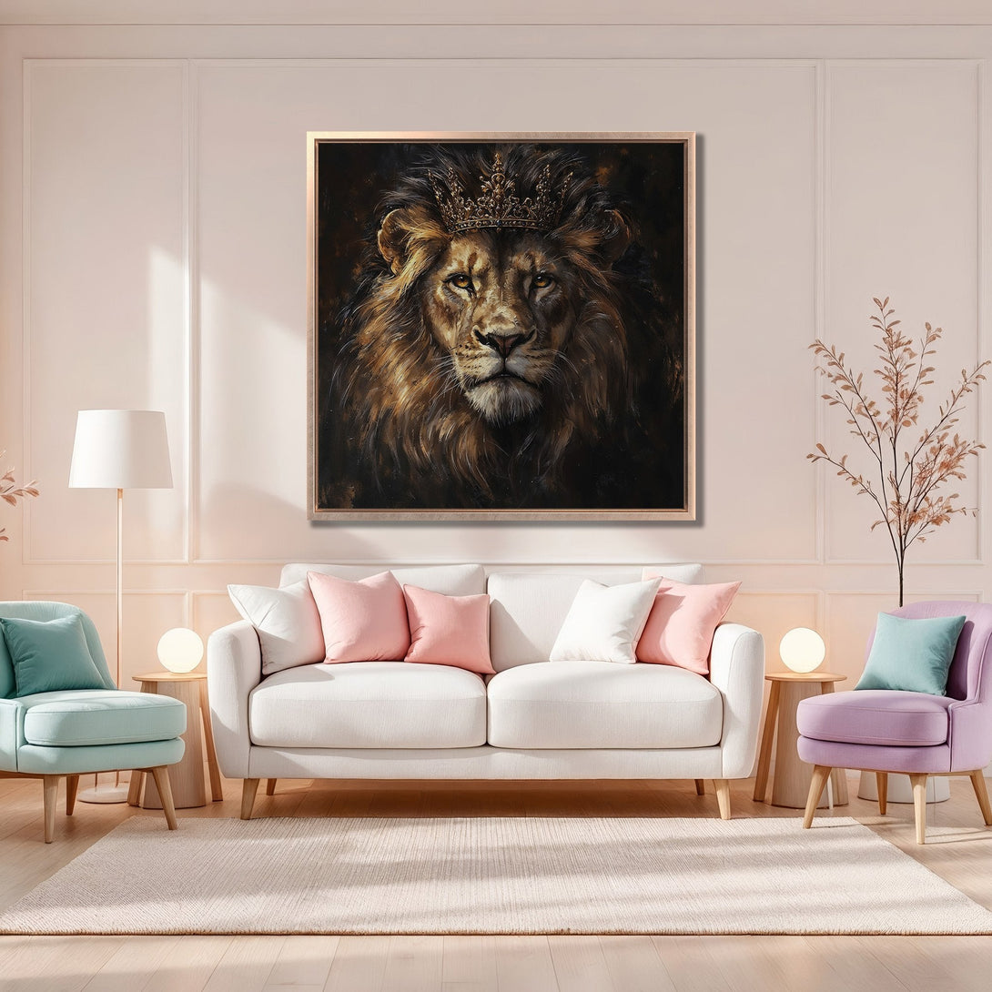 Framed Wall Art: Regal lion portrait in warm tones. Perfect for adding a touch of luxury to any space. Shop our collection today!