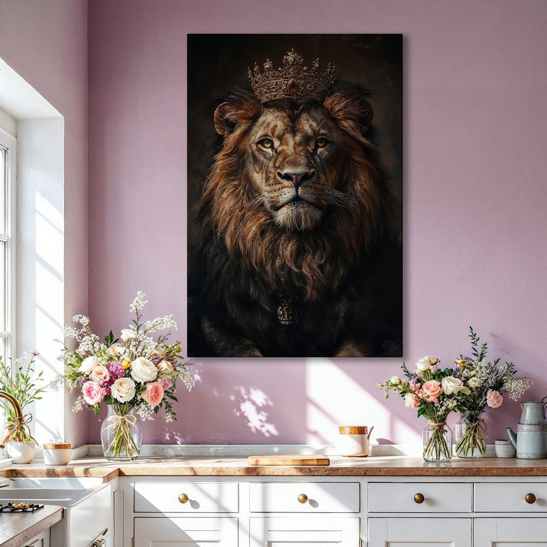 Framed Wall Art: Regal lion portrait with crown, warm brown tones, displayed in a modern living room. Add a touch of royalty to your decor!