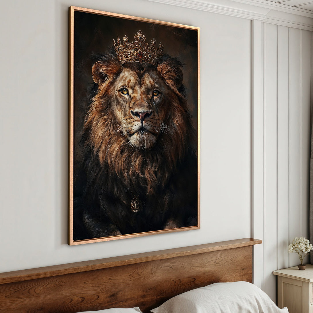 Framed Wall Art: Regal lion portrait with crown, warm brown and gold tones. Perfect for adding a touch of luxury to your bedroom decor.