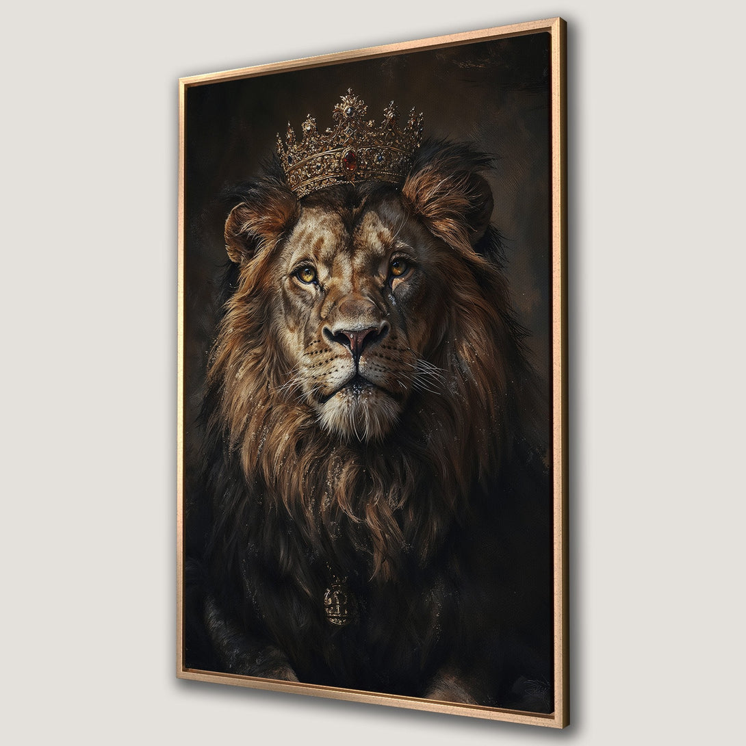 Framed Wall Art: Majestic lion portrait with crown. Rich brown and gold tones. Regal decor for your home. Elevate your space with this stunning canvas print.