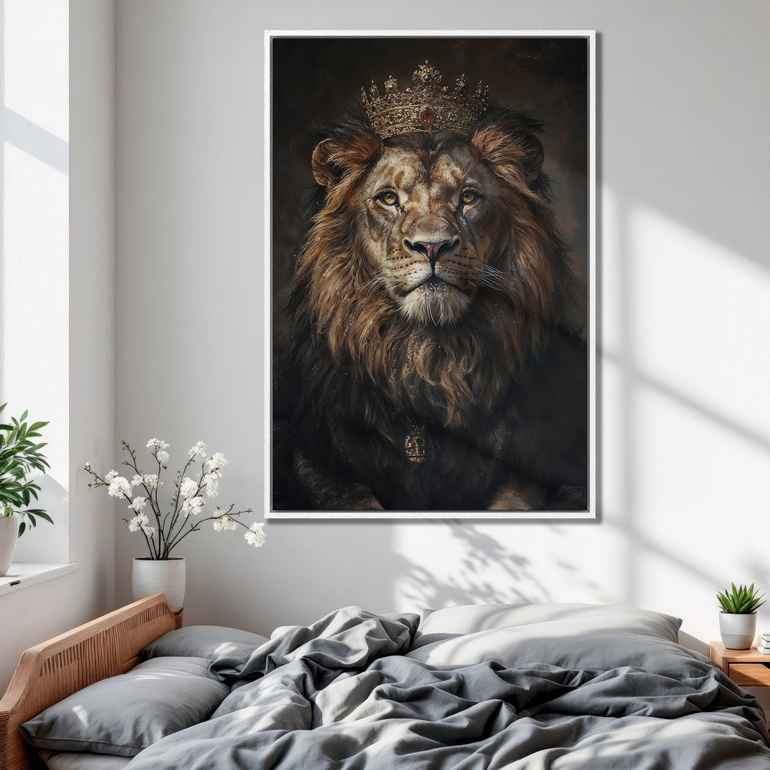Framed Wall Art: Majestic lion portrait with crown in warm brown tones. Regal decor for your bedroom. Enhance your space with this canvas print.
