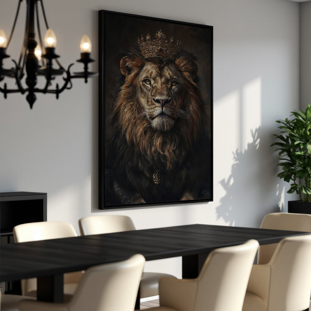 Framed Wall Art: Majestic lion portrait with crown, rich brown and gold tones. Elevate your space with this regal canvas print!