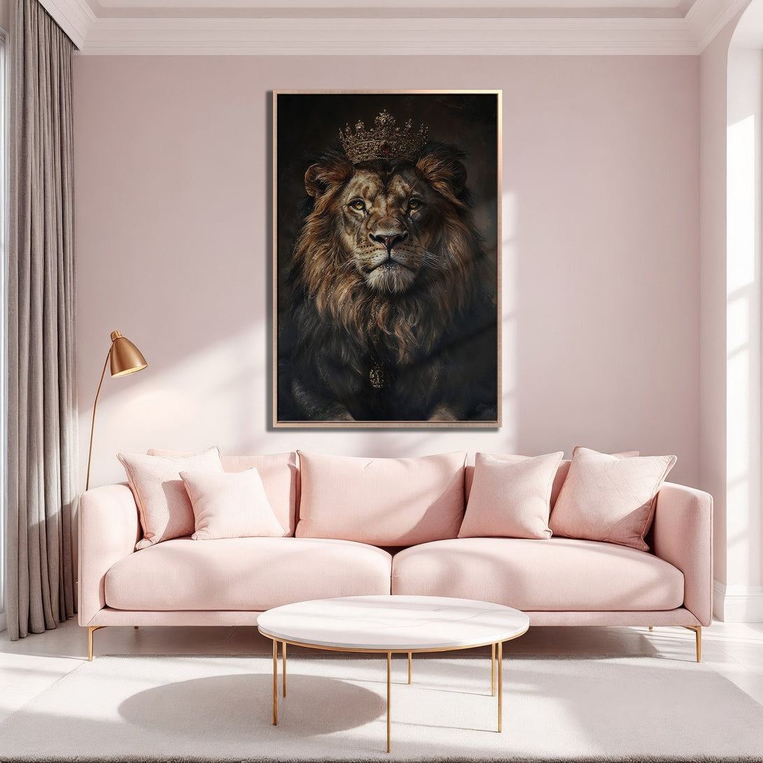 Framed Wall Art: Regal lion portrait in a gold frame. Sophisticated artwork with a warm, neutral color palette, perfect for adding a touch of luxury to any space.