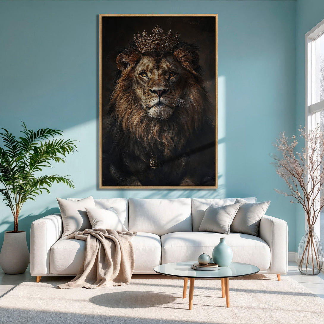 Framed Wall Art: Majestic lion portrait with crown. Warm brown and gold tones on a dark background, displayed in a modern living room with a teal wall.