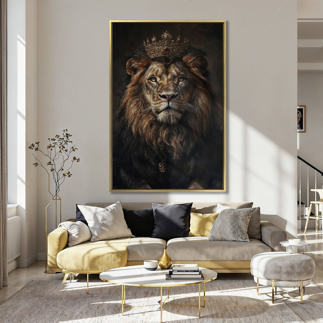 Canvas Print of a regal lion wearing a crown, displayed in a stylish interior. Warm brown and gold tones on a dark background.
