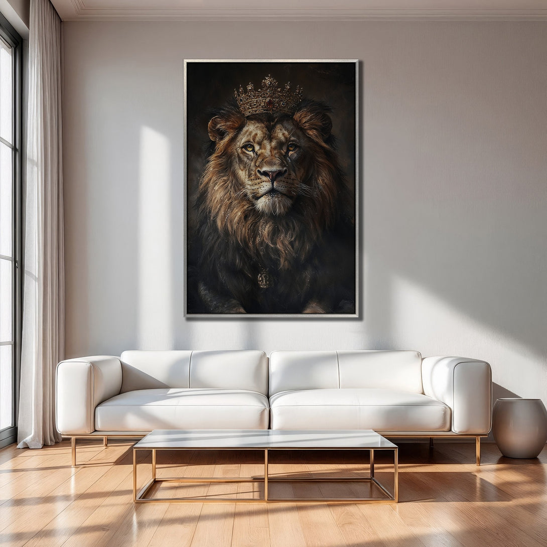 Framed Wall Art: Regal lion portrait in warm brown tones. Adds a touch of luxury and sophistication to any space. Perfect for modern interiors.