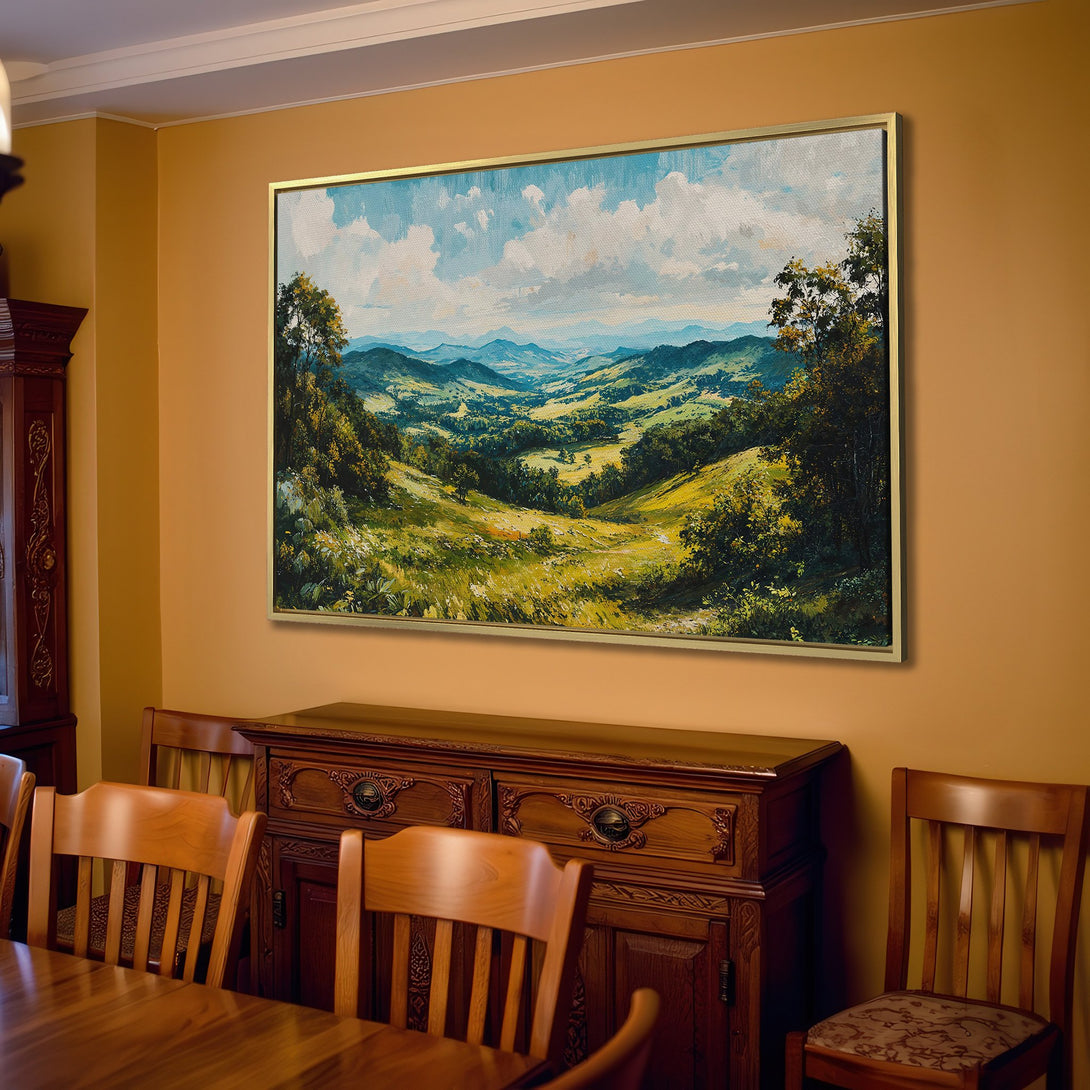 Canvas Print of a serene landscape painting in a warm, inviting living room. Features green, blue, and yellow hues. Perfect for adding a touch of nature to your home.