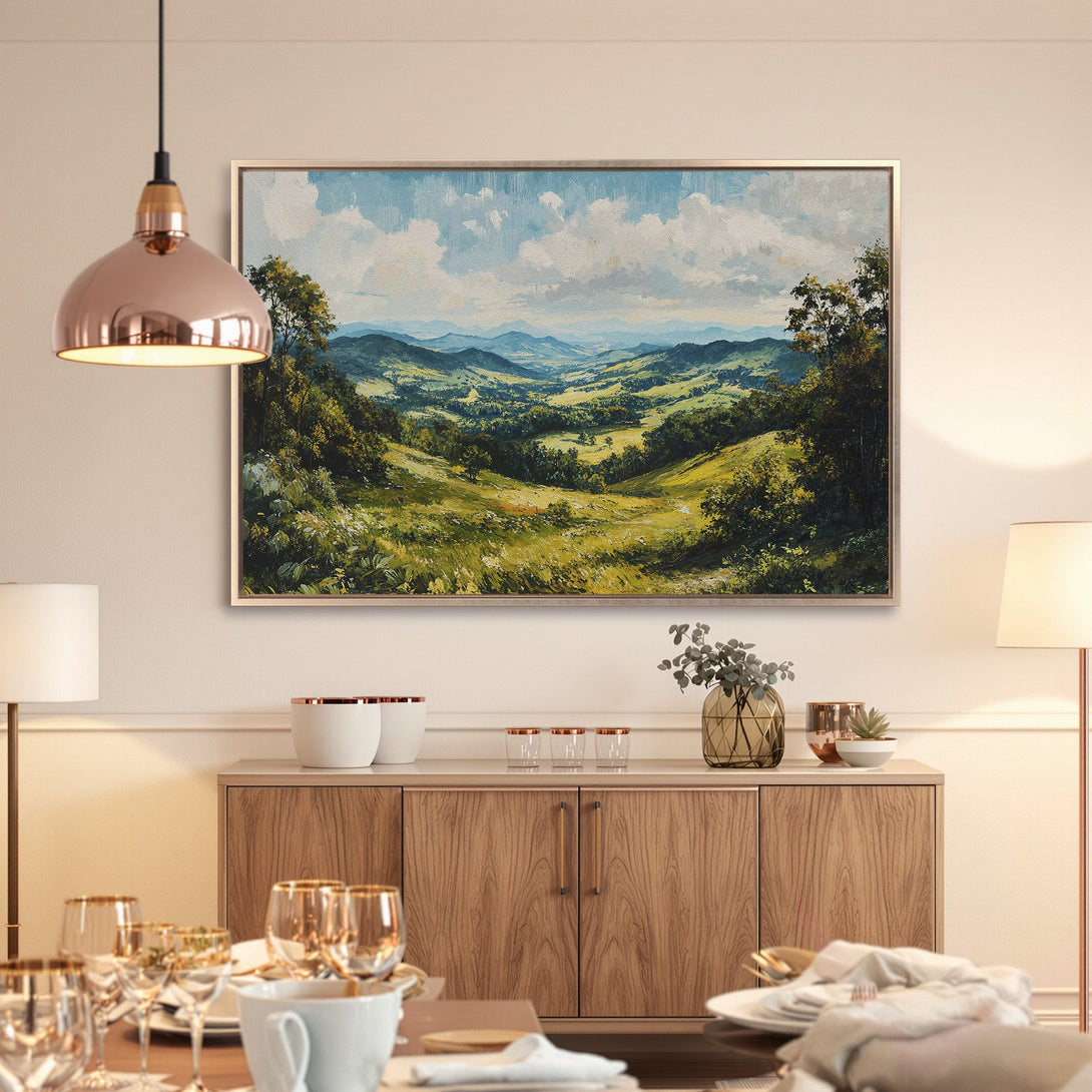 Framed Wall Art: Landscape painting in a dining room. Green, blue, and yellow color palette. Perfect for adding a touch of nature to your home.
