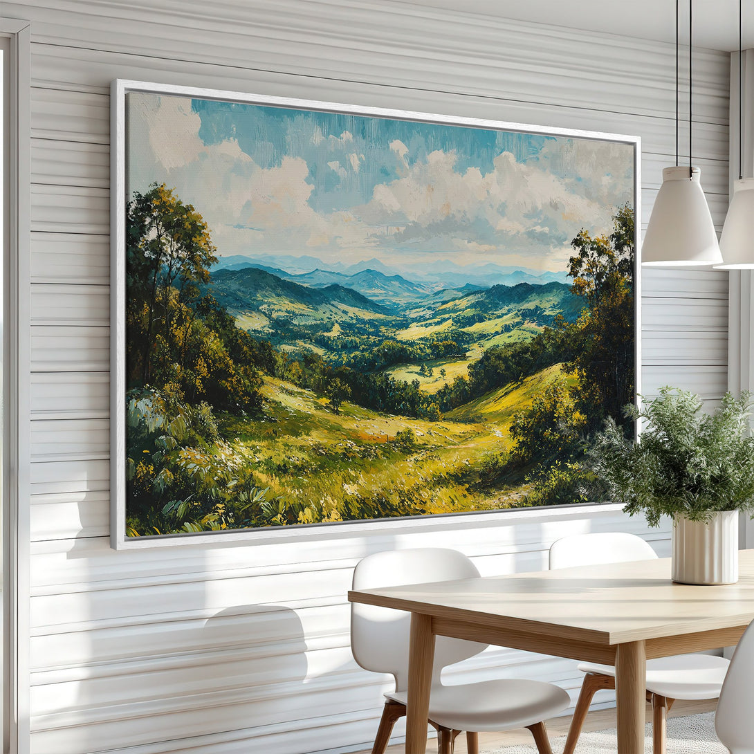 Framed Wall Art: Landscape Canvas Print in a modern interior. Features a vibrant green and blue color palette, depicting a picturesque valley scene. Perfect home decor.