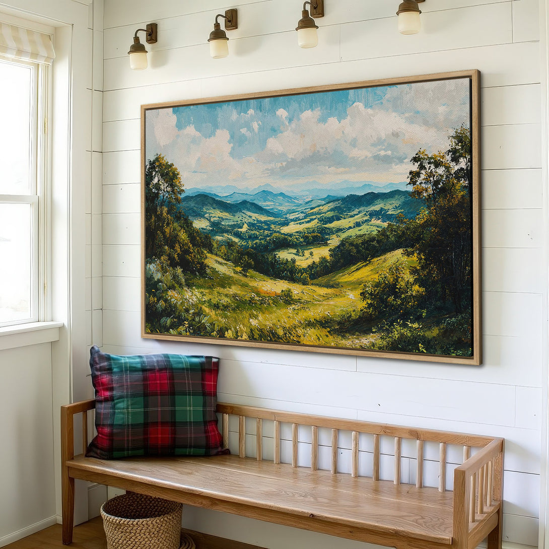 Framed Wall Art: Landscape painting in green, blue, and yellow tones. Rustic style Canvas Print adds warmth and nature to your home decor.