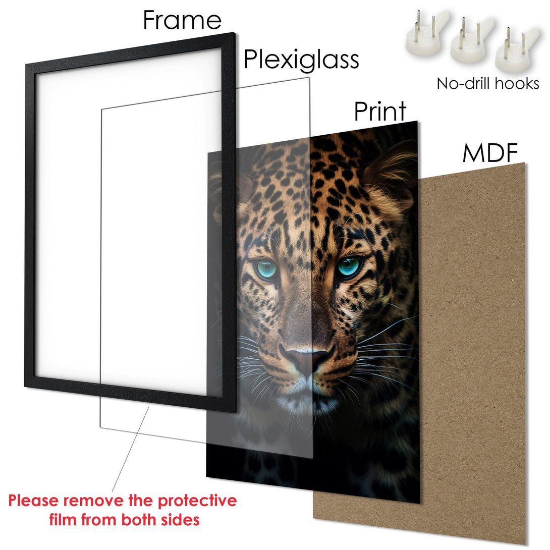 Framed Poster featuring a majestic leopard with vibrant blue eyes, in warm brown tones. Perfect wall art!