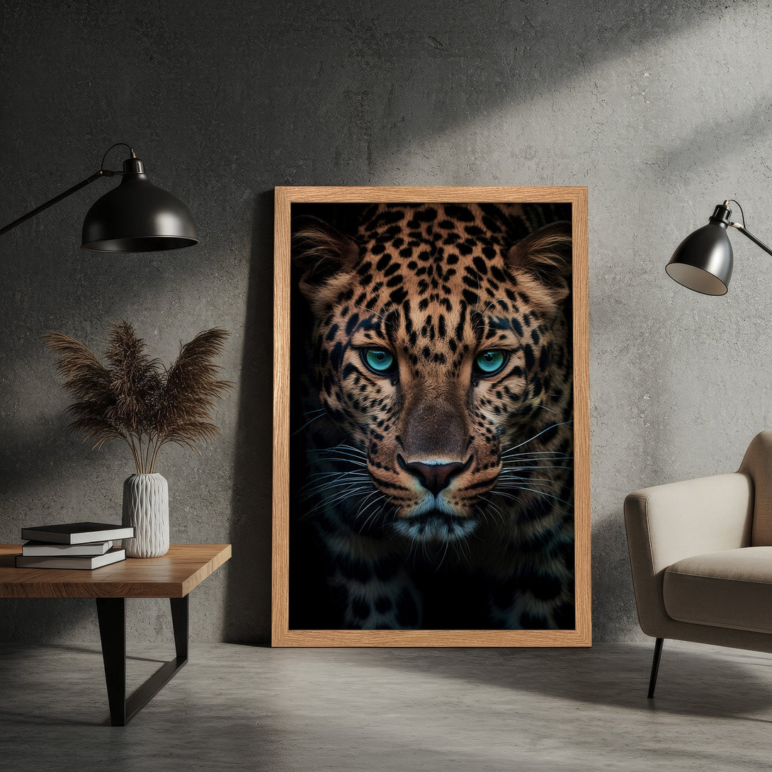 Framed Poster featuring a majestic leopard with striking blue eyes. Modern style, warm brown and teal color palette, perfect wall art.