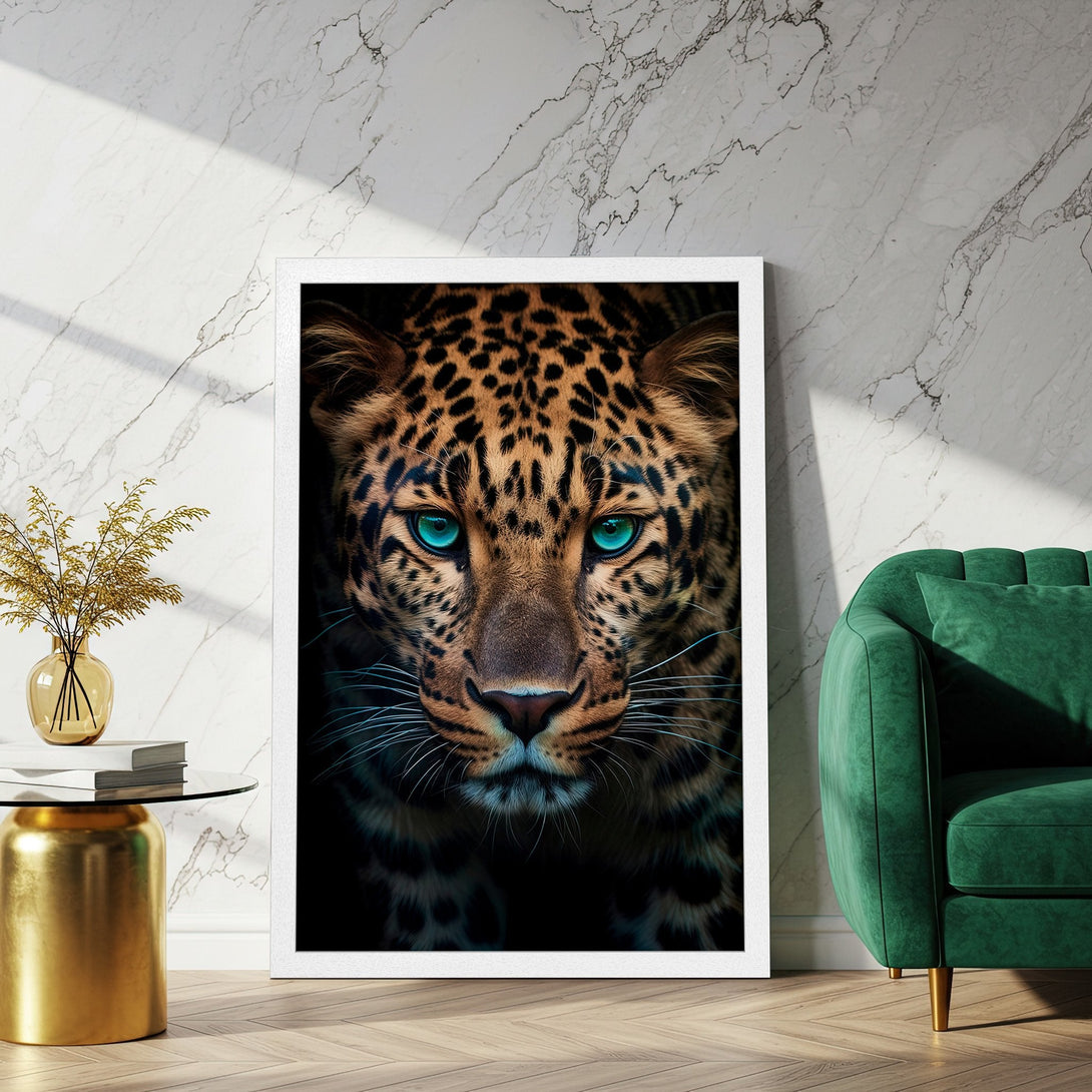 Framed Poster featuring a striking leopard portrait. Artistic style with warm brown and teal color palette. Perfect wall art for your home.