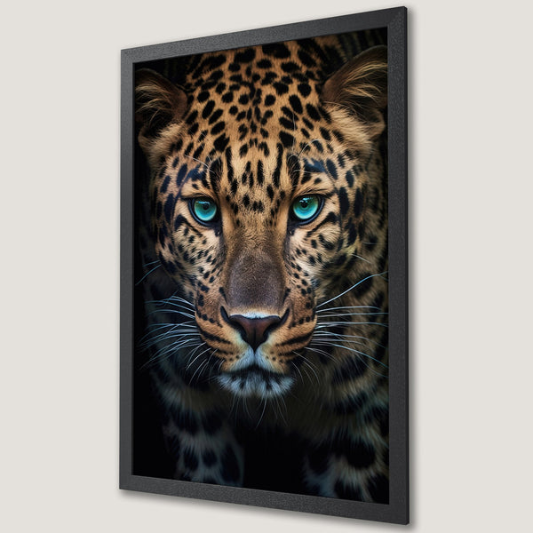 Framed Poster of a leopard with striking teal eyes. Wildlife art in a warm, earthy palette. Perfect for home decor.