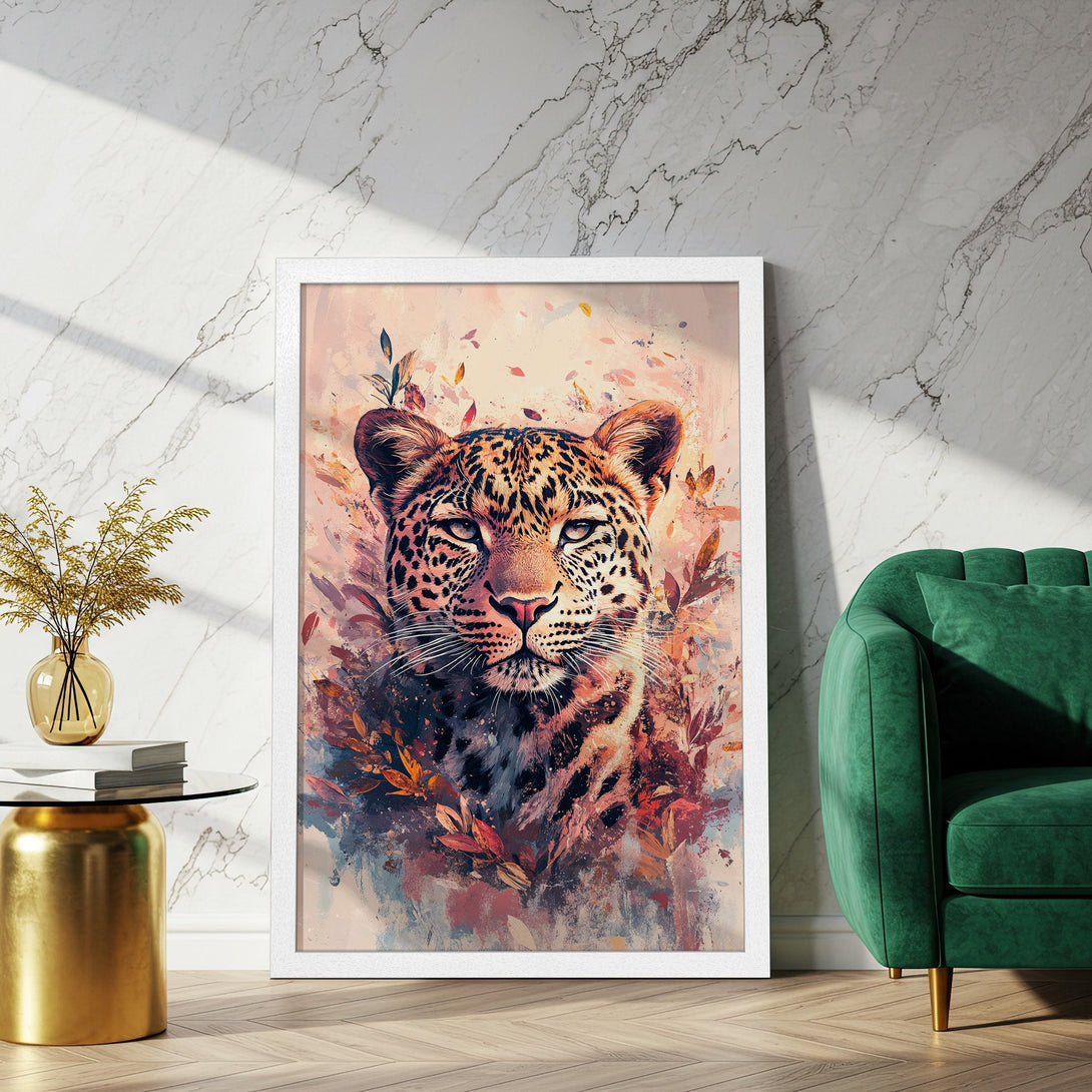 Framed Poster featuring a majestic leopard. Artistic style with warm, earthy tones and a touch of watercolor. Perfect wall art for any room!