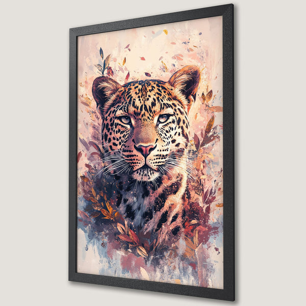 Framed Poster featuring a majestic leopard portrait in an artistic watercolor style, warm earth-tone palette. Perfect wall art!