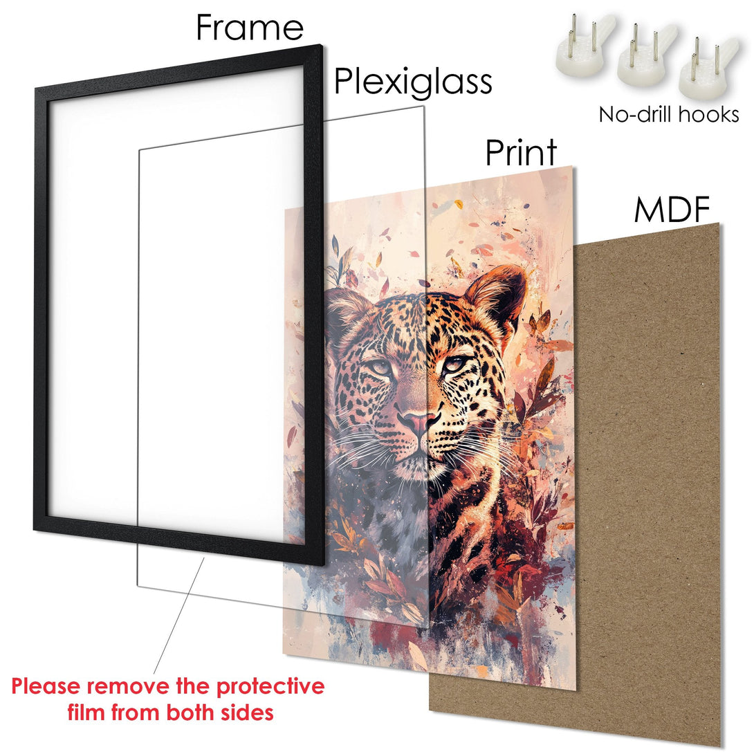 Framed Poster featuring a leopard portrait in an artistic style with a warm color palette. Perfect wall art!
