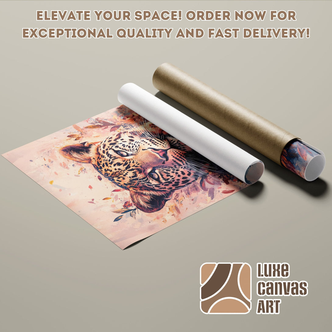 Leopard art poster roll, watercolor style, warm color palette. Elevate your space with Luxe Canvas Art!