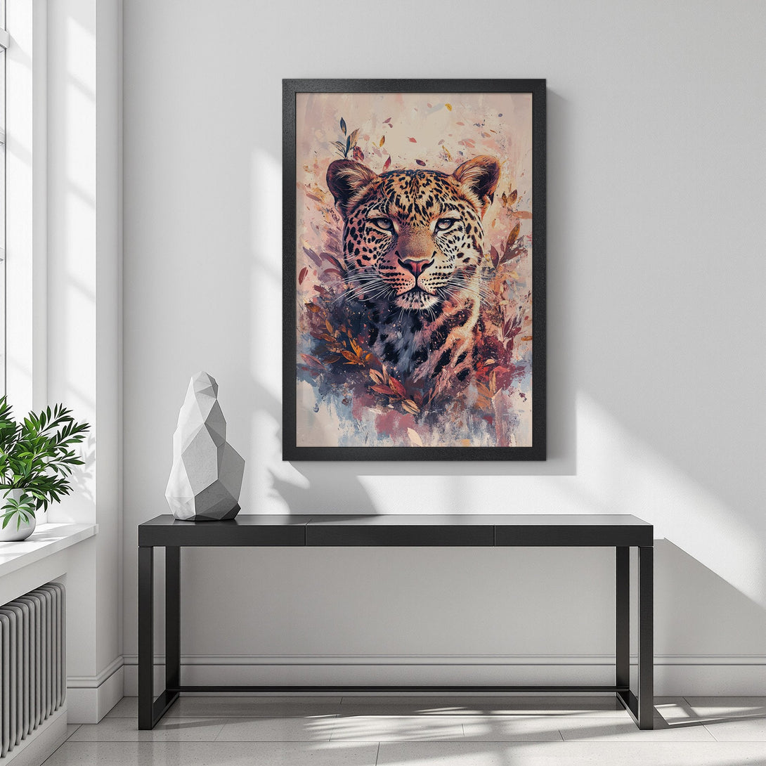 Framed Poster featuring a watercolor leopard portrait. Earthy tones of brown, orange, and pink enhance this stylish animal art print. Perfect wall decor!
