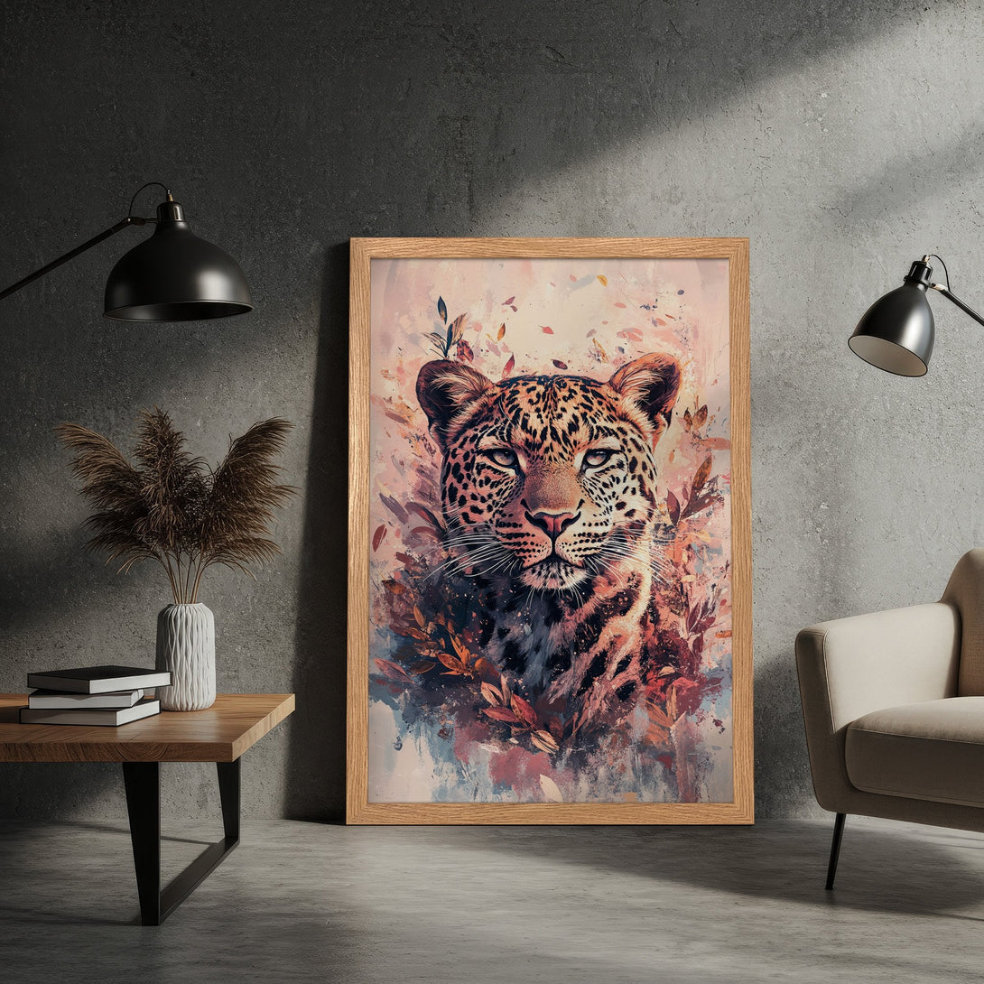 Framed Poster featuring a leopard portrait in watercolor style, warm color palette. Add a touch of wild to your home decor!