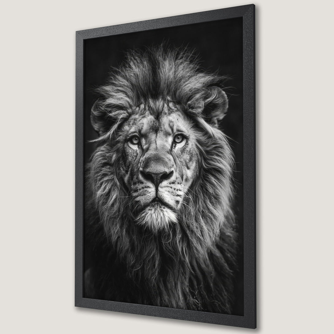Framed Poster featuring a majestic lion in a striking black and white portrait. Perfect wall art for a bold statement.