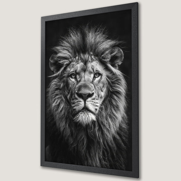 Framed Poster featuring a majestic lion in a striking black and white portrait. Perfect wall art for a bold statement.