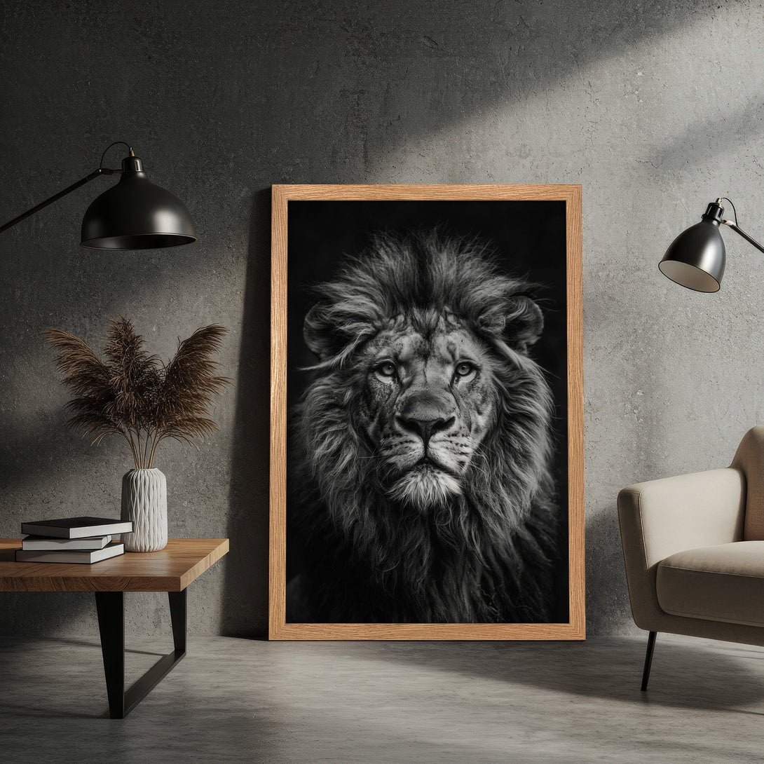 Framed Poster featuring a majestic lion portrait in a striking black and white color palette, perfect for modern decor.