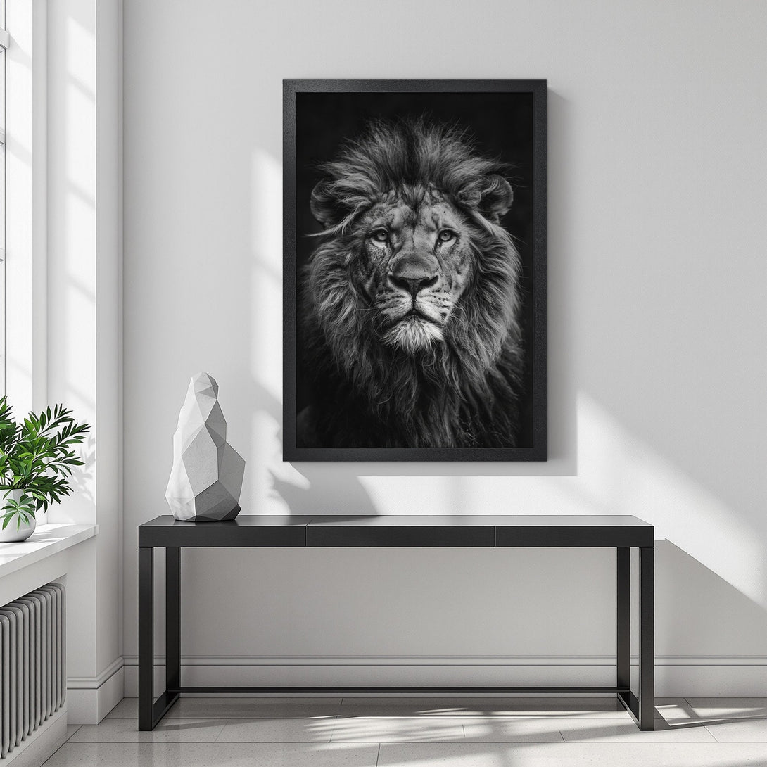 Framed Poster of a majestic lion in black and white. Add a touch of wild elegance to your decor.