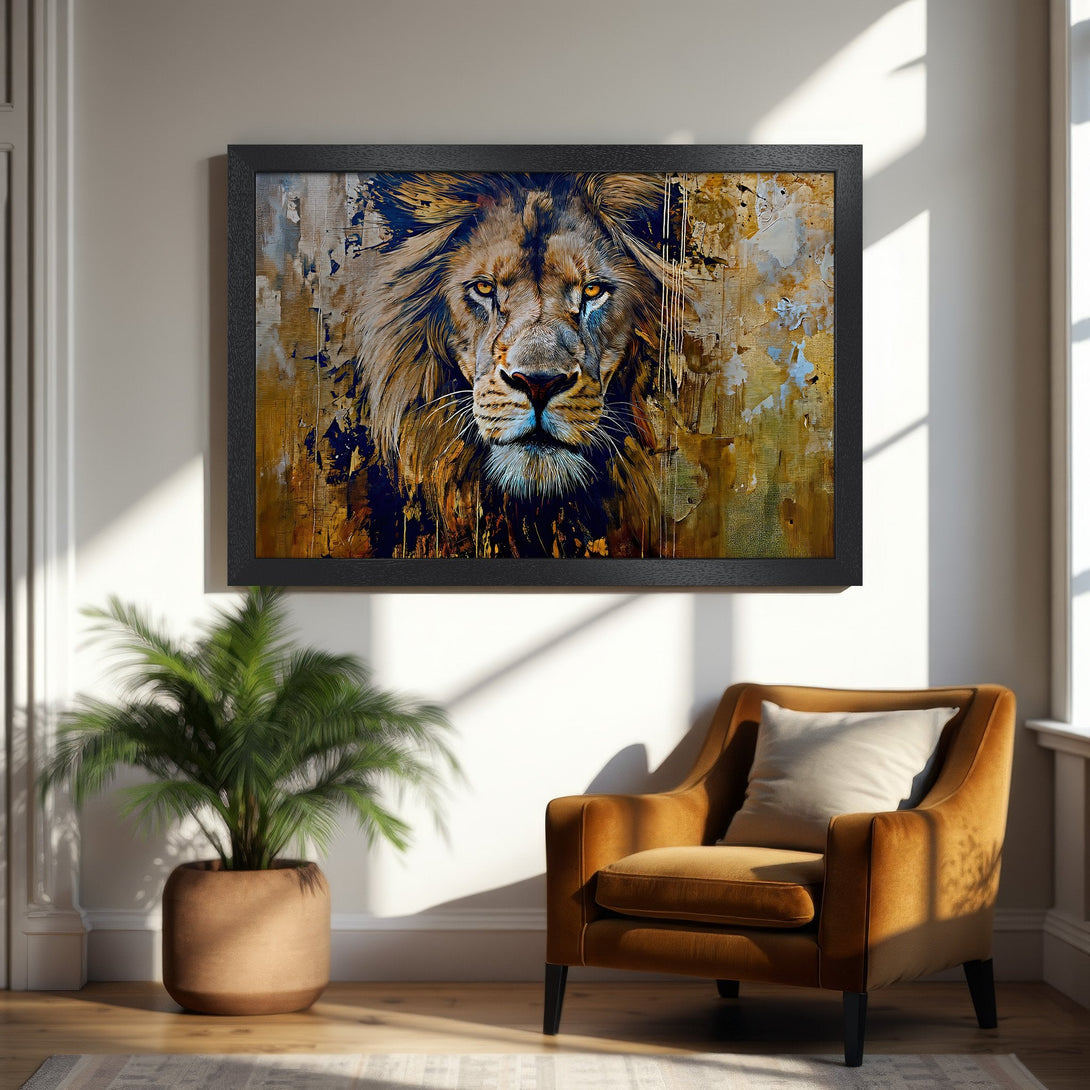 Framed Poster featuring a majestic lion portrait in an abstract style with warm gold and blue tones. Perfect wall art!