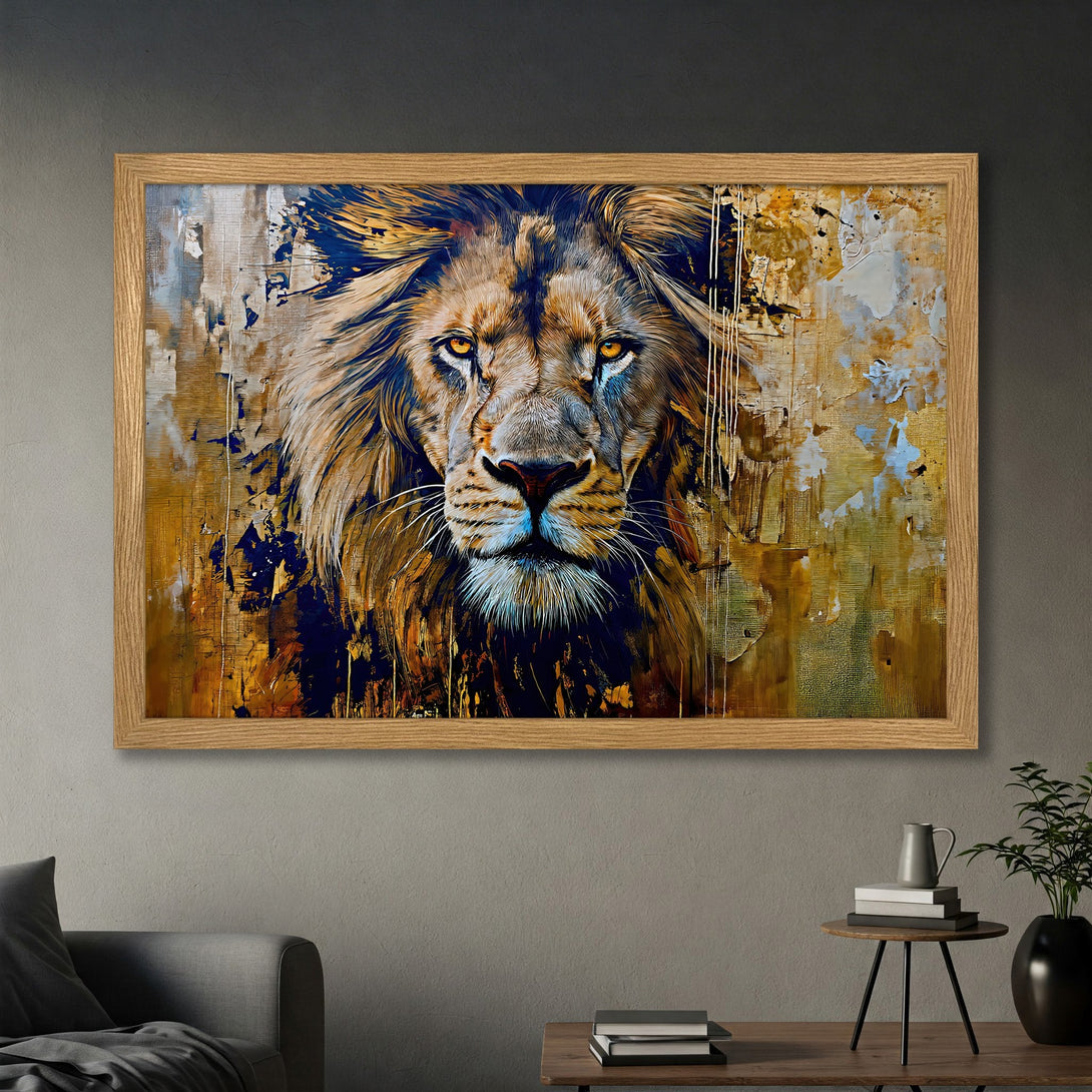 Framed Poster featuring a majestic lion in an abstract, textured style with a warm, earthy color palette. Perfect wall art for any space.