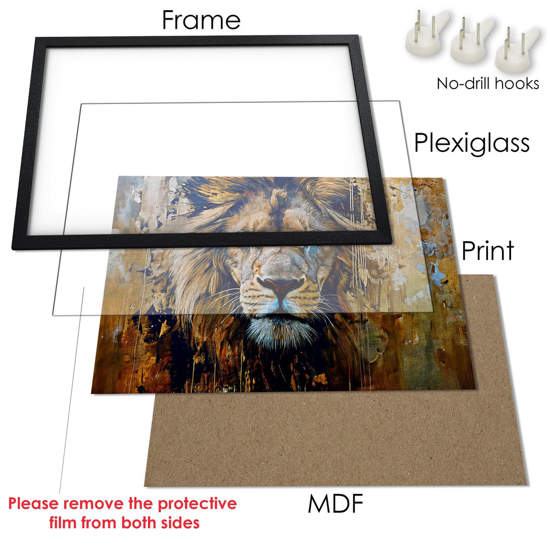 Framed Poster of a majestic lion, artistic style with warm gold, brown, and blue tones. Perfect wall art!
