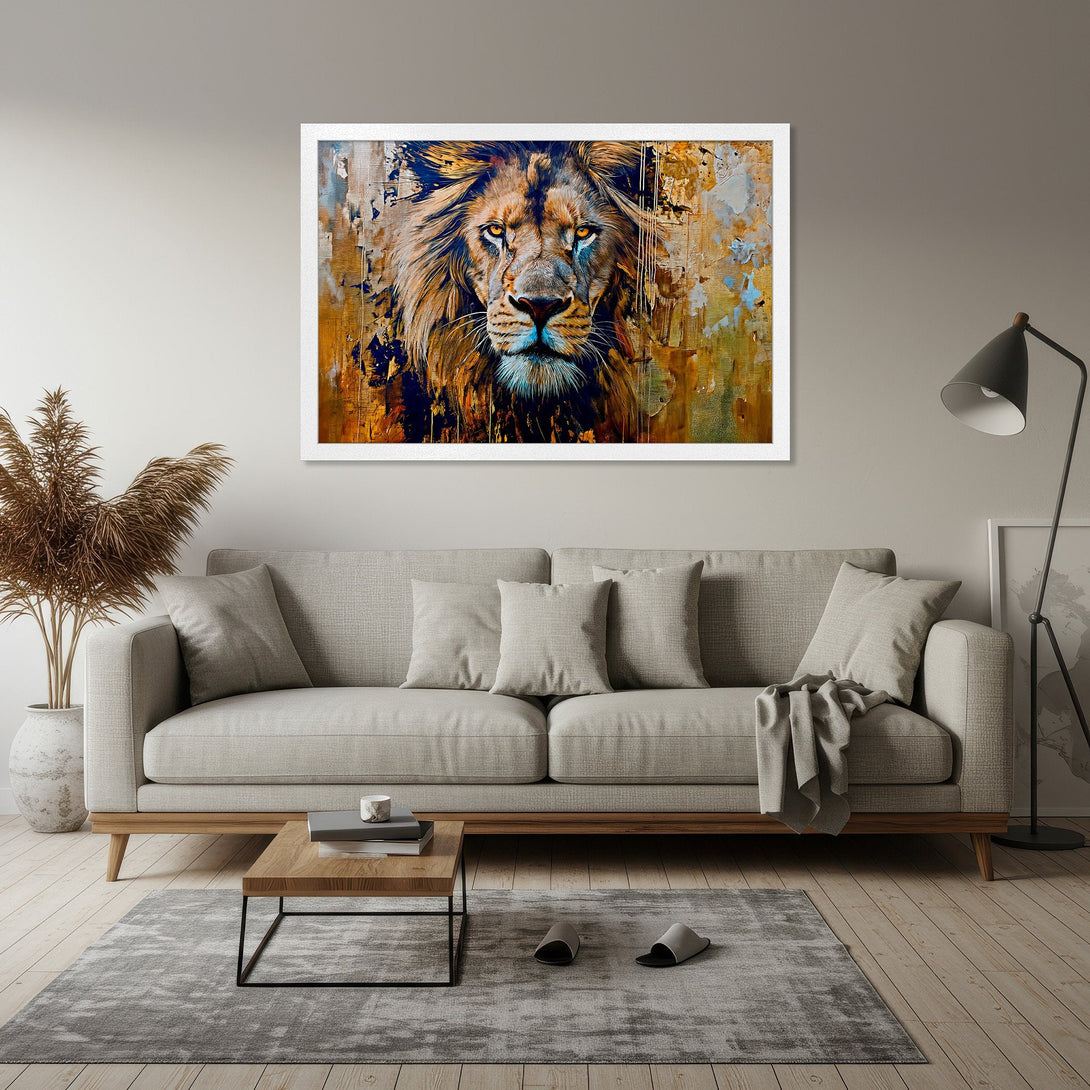 Framed Poster of a majestic lion in an abstract style. Warm gold, brown, and blue color palette. Perfect wall art for your home!