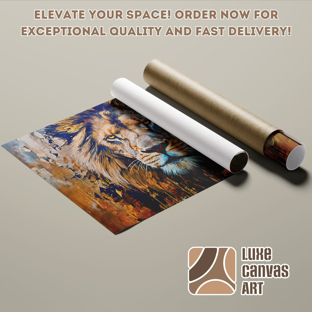 Lion art Poster Roll, abstract style, warm color palette of blues, browns, and oranges.