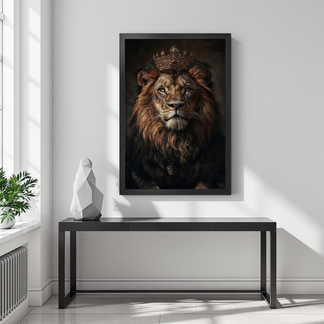 Framed Poster of a regal lion with a crown. Dramatic, detailed art in warm brown tones. Enhance your space!