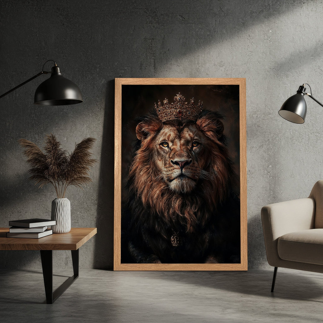 Framed Poster of a regal lion wearing a crown. Dark, dramatic art style with warm brown and gold tones. Perfect wall art.